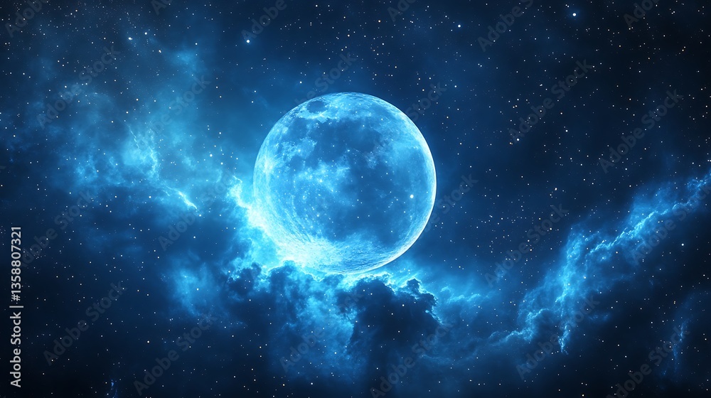 Fototapeta premium Bright Blue Moon Illuminates Starry Night Sky With Cosmic Clouds