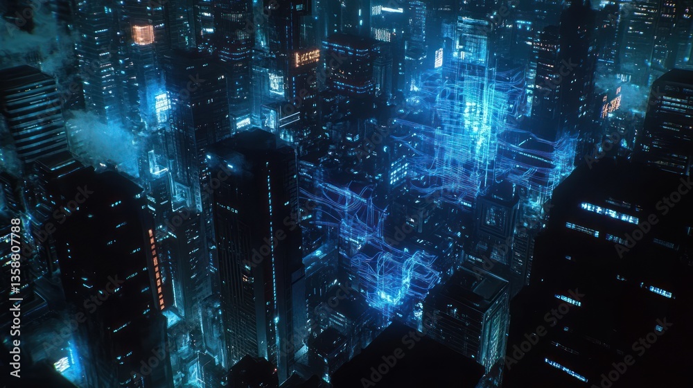 Futuristic City Skyline at Night with Digital Network Futuristic City Skyline at Night with Digital Network