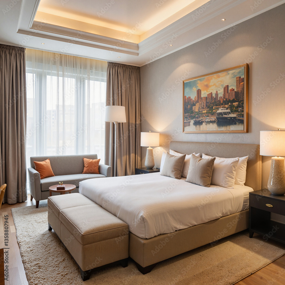 Elegant boutique hotel suite with cozy decor, refined relaxation Elegant boutique hotel suite with cozy decor, refined relaxation