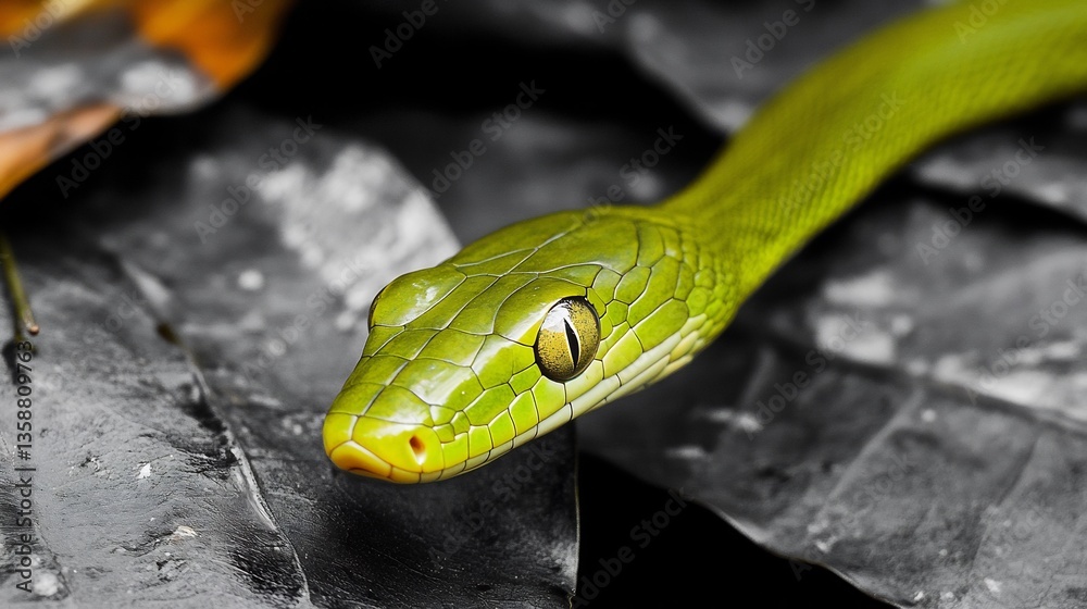 Obraz premium Vibrant green snake slithering across a black and white forest floor blending yet standing out