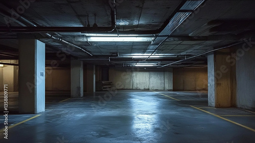 The basement room on the bottom floor of the building's parking lot is empty in an industrial cast concrete style