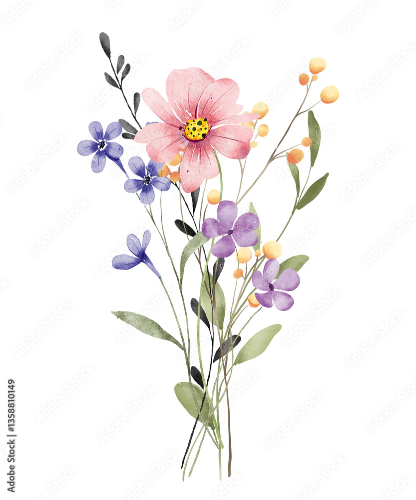 Fototapeta premium Watercolor wildflowers bouquet, digital floral illustration. Isolated on white background. Perfectly for greeting cards, invitations, poster design.