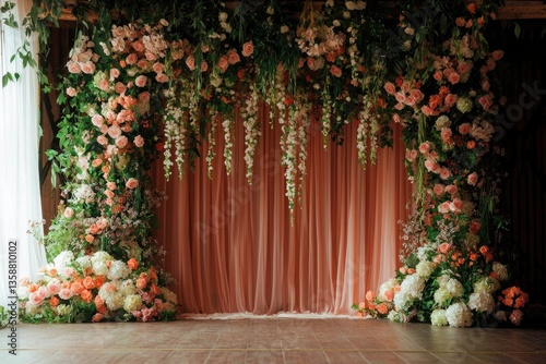 Floral garland backdrop. Wedding decor with pink cloth, green leaves. Ceremony photo