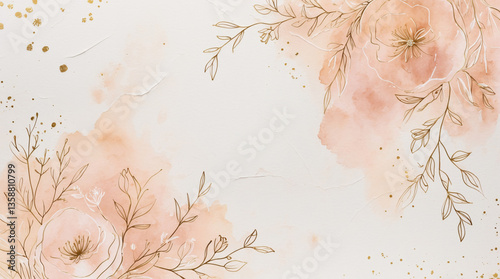 Fototapeta Naklejka Na Ścianę i Meble -  Golden flowers with botanical elements and peach watercolor wash on rustic backdrop ideal for vintage wedding card designs wedding card invitation design inspiration