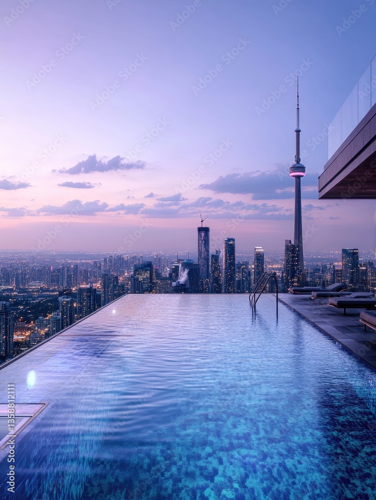 Fototapeta premium Rooftop Infinity Pool for Cityscape Sunset.