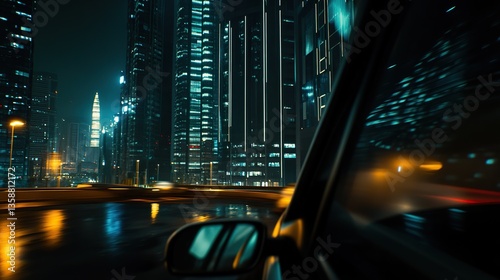 Nighttime cityscape through a car window, blurred lights and reflections, evoking a sense of urban solitude and quiet introspection.

