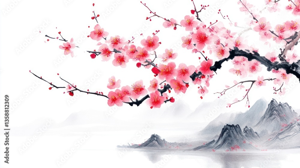 Fototapeta premium Pink plum blossom painting traditional landscape.
