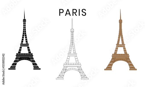 paris tower vector set, silhouette, outline, and colored version