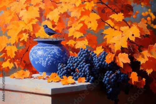 Still life photo of bird on vase with grapes and autumn leaves, possible decor use
