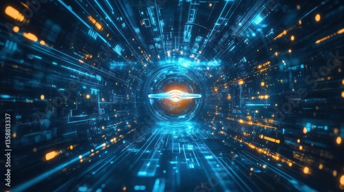 Drone flying through futuristic data tunnel photo
