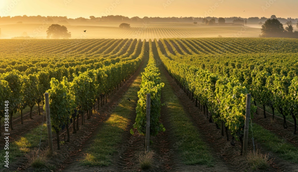 Fototapeta premium Vineyard rows in the golden morning light,