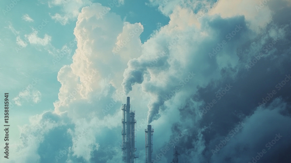 Fototapeta premium A chemical plant is releasing steam and gas into the atmosphere, creating a visible plume against the blue sky, highlighting industrial operations and environmental concerns.