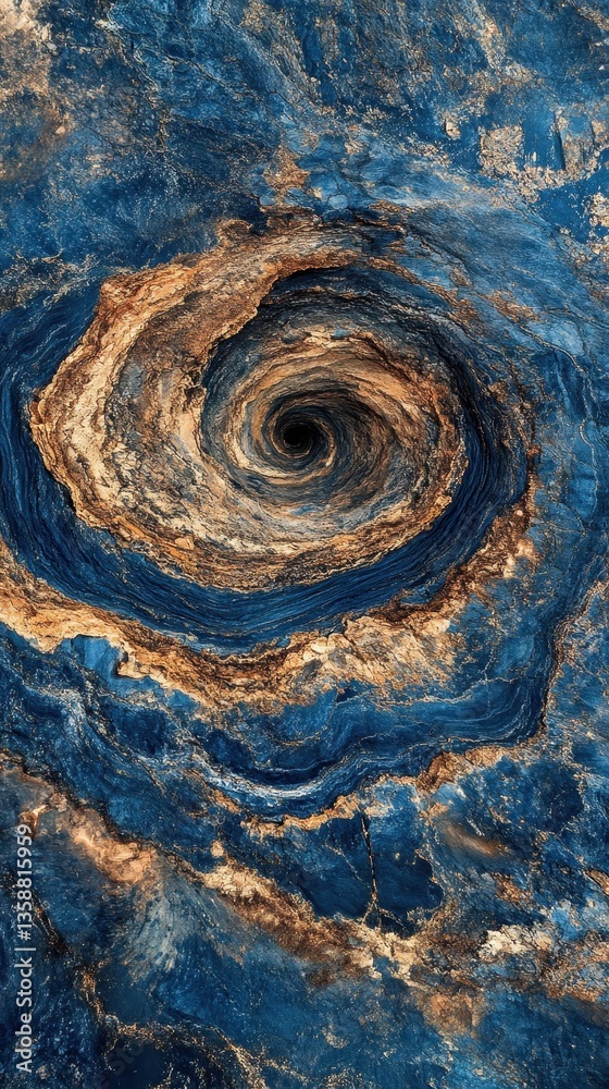 Naklejka premium A massive black hole dominates the center of a swirling cosmic scene, surrounded by vibrant shades of deep blue and rich brown, creating a mesmerizing galactic vortex.