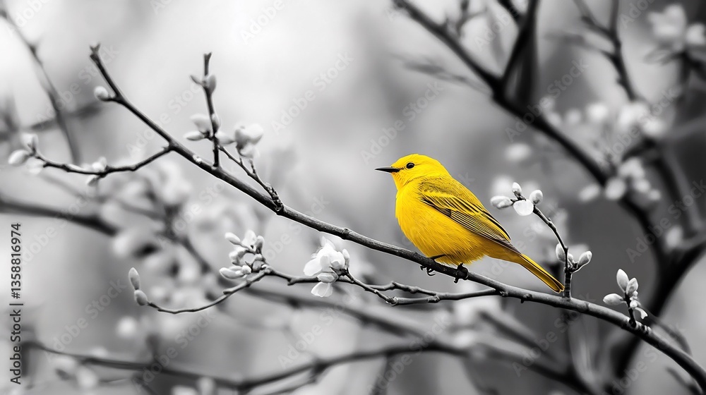 Naklejka premium Vibrant yellow warbler singing on a monochrome branch its feathers radiating warmth against the cool background