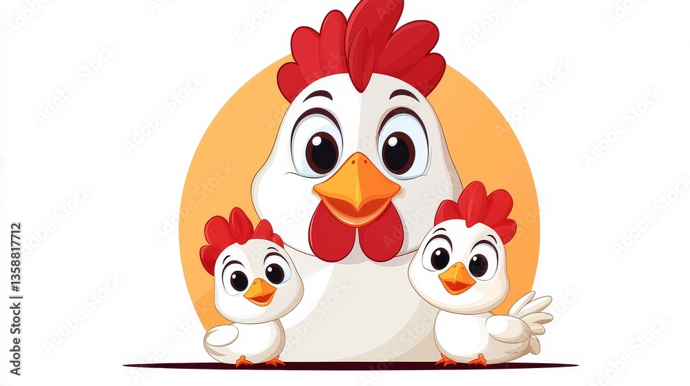 Obraz premium Adorable Hen with Two Chicks Cartoon Illustration Happy Family Farm Animals