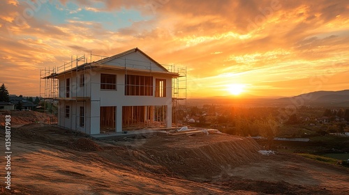 Contemporary home build site sharp edges and minimalist design partially completed warm golden hour tones adding ambiance. 