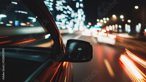 Nighttime cityscape through a car window, blurred lights and reflections, evoking a sense of urban solitude and quiet introspection.
