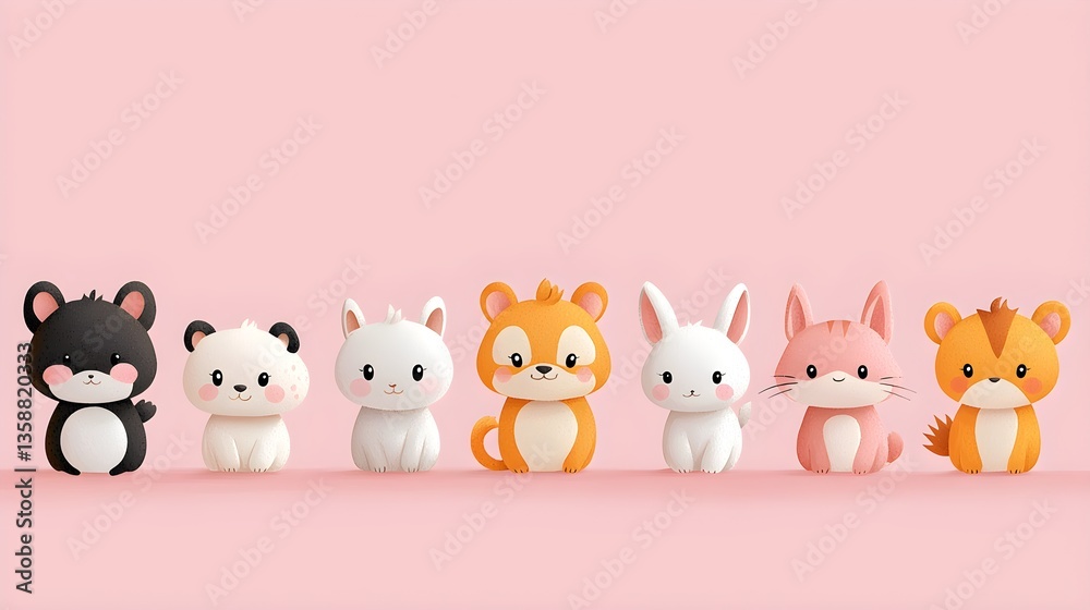 Cute Animals in a Row on Pink Background