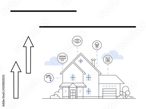House surrounded by icons for security, lighting, climate control, appliances, and monitoring. Ideal for technology, innovation, home automation lifestyle security energy connectivity. Minimal
