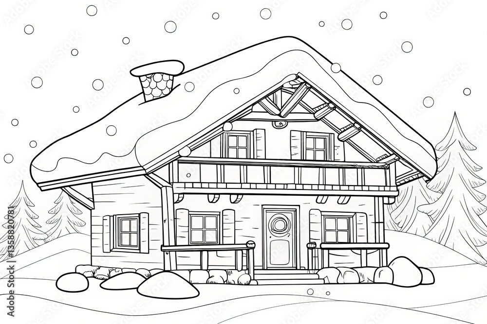 Charming snowy cabin surrounded by trees, perfect for winter coloring activities. Outline for coloring. Charming snowy cabin surrounded by trees, perfect for winter coloring activities. Outline for coloring.