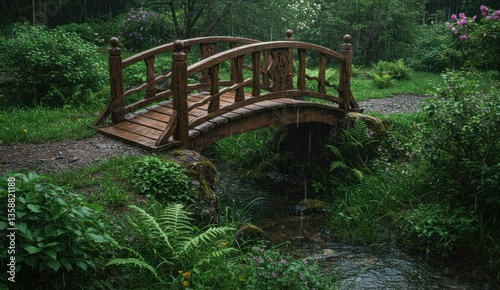 A wooden bridge over a stream in a lush, rainy forest,