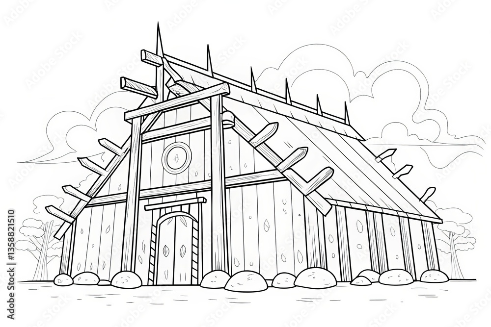 Fototapeta premium A detailed illustration of a rustic wooden structure surrounded by trees and clouds. Outline for coloring.