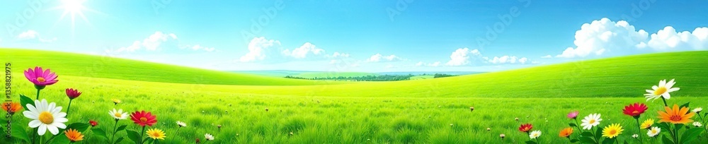 Vibrant green field with colorful blooming flowers under a clear blue summer sky, grass, green Vibrant green field with colorful blooming flowers under a clear blue summer sky, grass, green