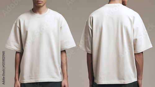 Front and back of a beige tee shirt. The shirt has a relaxed fit with dropped shoulders.