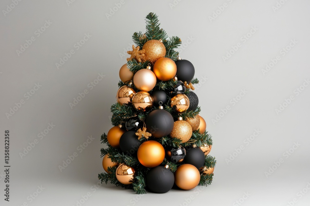 Fototapeta premium Christmas tree with gold and black ornaments on plain background for holiday events