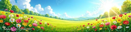Vibrant illustration of a lush summer meadow bursting with colorful flowers, under a bright sunshine, creating a breathtaking nature scene,  sunshine,  nature