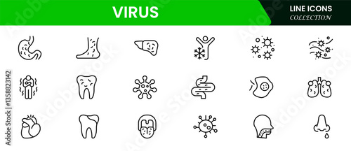 Flu and coronavirus icons set. Collection of linear simple web icons such as hygiene, disinfection, symptoms, treatment, virus, prevention and other.