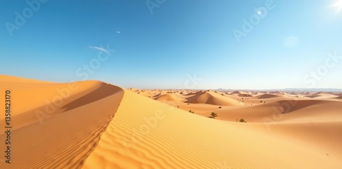 Vast, panoramic desert landscape with clear blue sky and sand dunes,  desert,  panoramic view