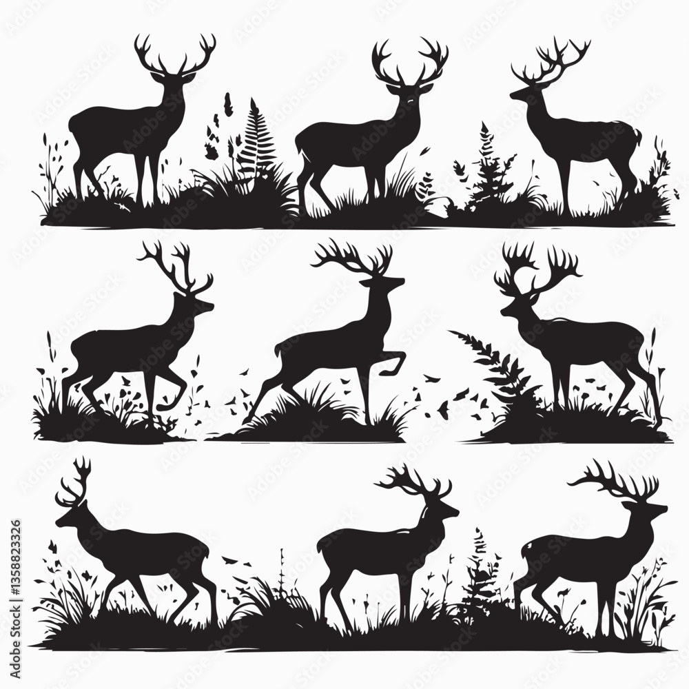 Fototapeta premium Black silhouette icon collection. Brown deer. Hoofed ruminant mammals. Cartoon animal design. Cute deer with antlers. Flat vector illustration isolated on white background stock illustration