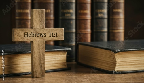 Wooden cross with 'Hebrews 11:1' in front of vintage books,