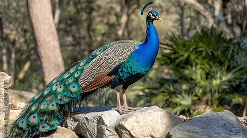 Peacock on Rocks in Park.