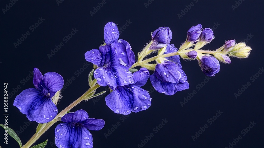 Naklejka premium Vibrant Blue Flowers with Water Droplets on Dark Background