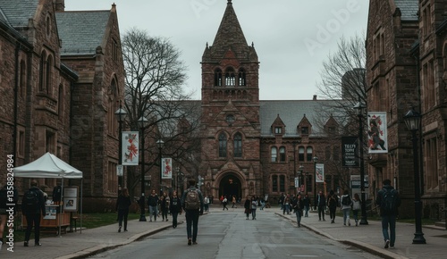 Yale campus with Gothic architecture and students walking along a path,
