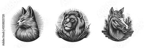 Hand Drawn Animal Sketches of Cat, Lion, and Horse in Black and White