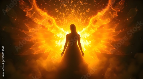 A warm golden glow and ethereal spiritual vibe envelop a silhouette surrounded by fragmented dark memories, creating a mystical radiant and luxurious aura that suggests past trauma 