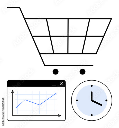 Shopping cart, line graph in a data window, and clock representing online retail, analytics, and time. Ideal for e-commerce, business growth, efficiency, online shopping decision-making retail