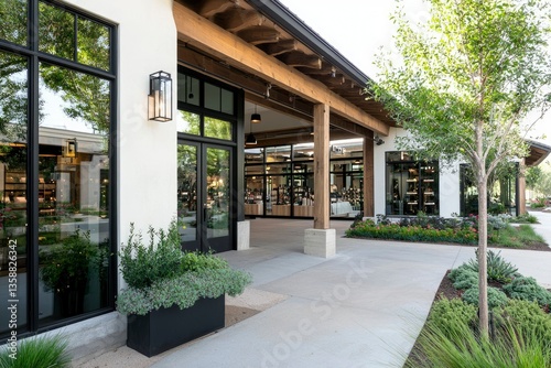 Store entrance on sidewalk offers commercial appeal, outdoor plant decoration