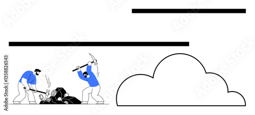 Two workers using pickaxes to mine digital blocks, symbolizing data extraction, mining, and cloud storage concepts. Ideal for technology, cryptocurrency, data mining, teamwork, cloud computing