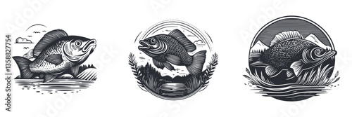 Hand-Drawn Illustrations of Fish in Black and White Style