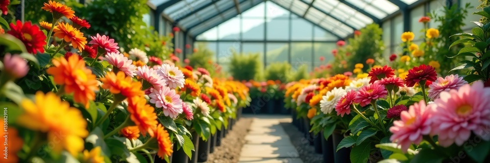 Vibrant array of colorful flowers blooming in a lush greenhouse setting, cultivation, blooming Vibrant array of colorful flowers blooming in a lush greenhouse setting, cultivation, blooming