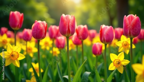 Vibrant pink tulips and yellow daffodils blooming in a lush garden,  plant,  fresh