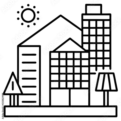 Solar powered smart city buildings line art vector illustration