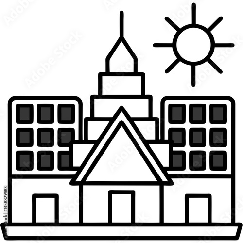 Solar powered smart city buildings line art vector illustration