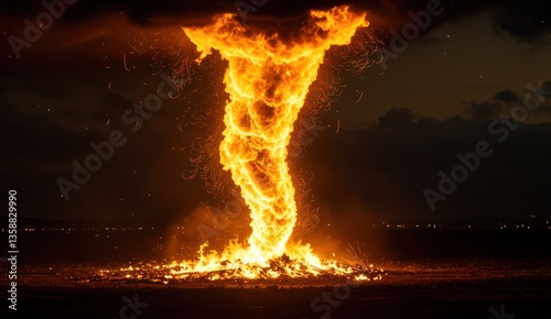 Intense fire tornado with swirling flames in the night landscape,