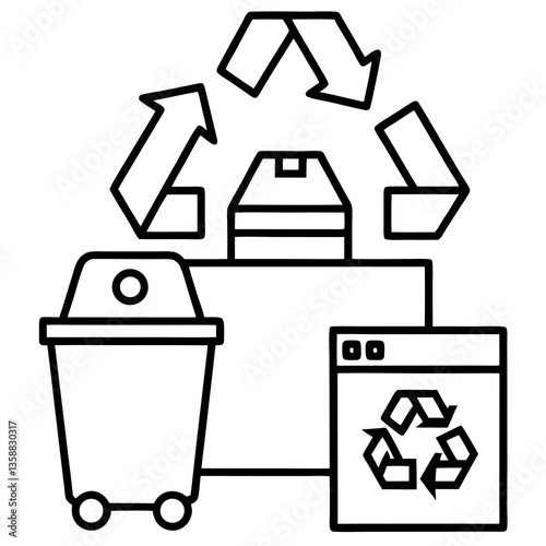 Tech recycling and e-waste management line art vector illustration