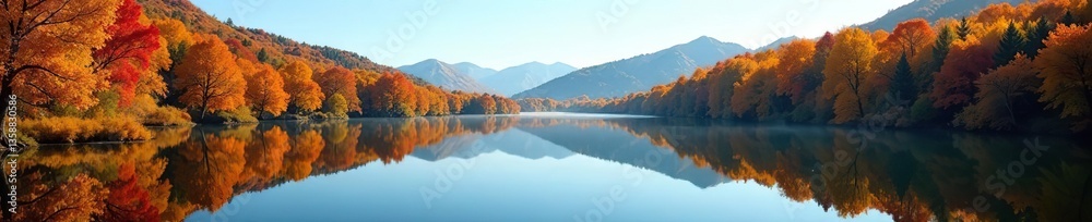 Fototapeta premium Vibrant autumn trees reflected in a peaceful lake with clear blue skies, color, tranquil